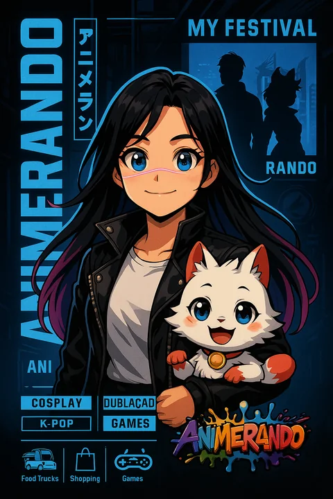 Arte azul do Animerando com ANI, o gato Rando e elementos da cultura geek