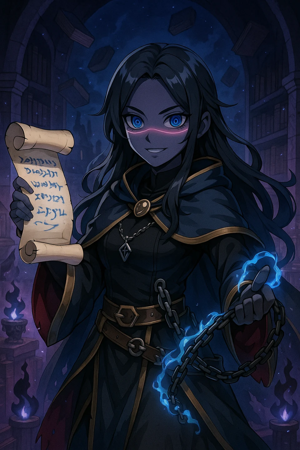 ANI em uma ilustração de fantasia, com pergaminho e correntes azuis