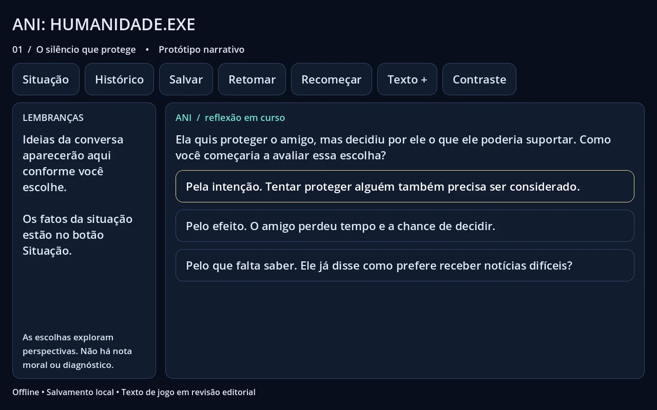 Interface do protótipo narrativo ANI: Humanidade.exe