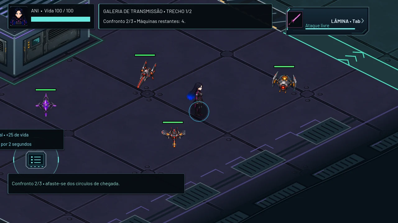 Protótipo do roguelite: ANI em combate contra máquinas em uma galeria tecnológica